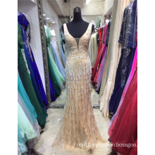 2017 Long Custom Made Illusion Neck Beaded Sparkling Golden Very Sexy Tassel Design Evening Dresses